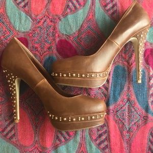 Studded Brown Leather Heels, size 8.5